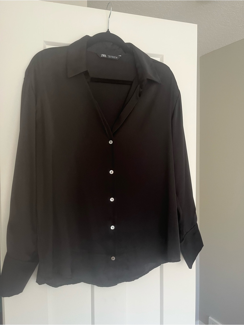 ZARA Black Satin Button-Up Shirt for Women